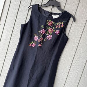 Coldwater Creek Ribbon Embroidered Floral Black Linen Dress - 8